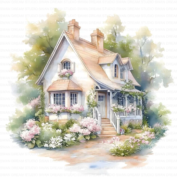 ClipartC40L_t6 Garden Cottage Watercolor Clipart Bundle Printable Painting Yard Digital Download