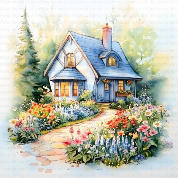 ClipartC40L_t7 Garden Cottage Watercolor Clipart Bundle Printable Painting Yard Digital Download