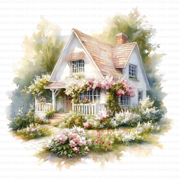 ClipartC40L_t8 Garden Cottage Watercolor Clipart Bundle Printable Painting Yard Digital Download