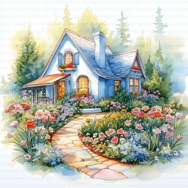 ClipartC40L_t9 Garden Cottage Watercolor Clipart Bundle Printable Painting Yard Digital Download
