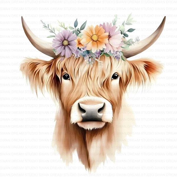 123 Quirky Highland Cow Clipart Boho Flower Crown JPG Printable Scrapbook Junk Journal Card Making Craft Digital Download