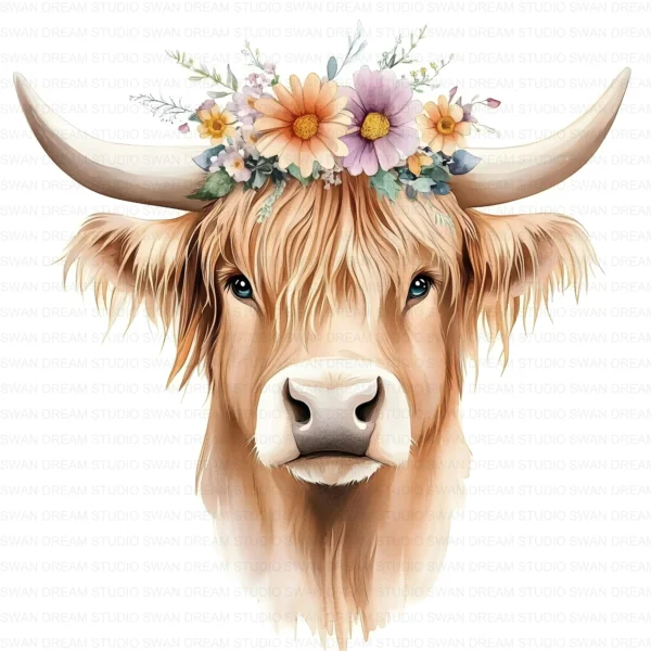 123 Quirky Highland Cow Clipart Boho Flower Crown JPG Printable Scrapbook Junk Journal Card Making Craft Digital Download