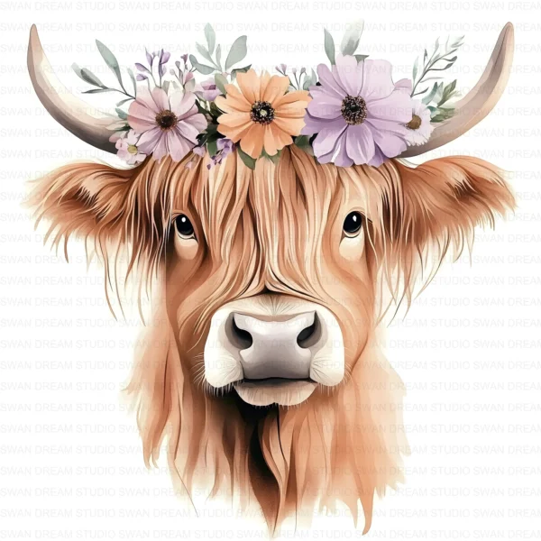 123 Quirky Highland Cow Clipart Boho Flower Crown JPG Printable Scrapbook Junk Journal Card Making Craft Digital Download