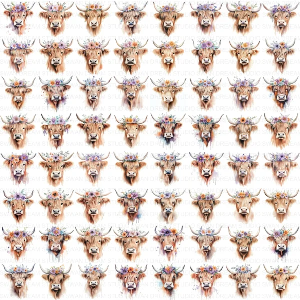 123 Quirky Highland Cow Clipart Boho Flower Crown JPG Printable Scrapbook Junk Journal Card Making Craft Digital Download