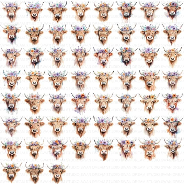 123 Quirky Highland Cow Clipart Boho Flower Crown JPG Printable Scrapbook Junk Journal Card Making Craft Digital Download