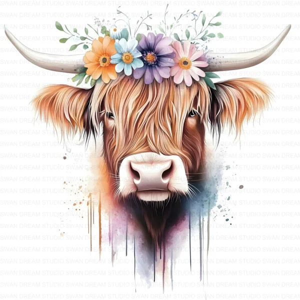 123 Quirky Highland Cow Clipart Boho Flower Crown JPG Printable Scrapbook Junk Journal Card Making Craft Digital Download