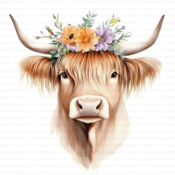 123 Quirky Highland Cow Clipart Boho Flower Crown JPG Printable Scrapbook Junk Journal Card Making Craft Digital Download
