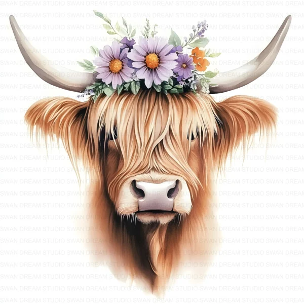 123 Quirky Highland Cow Clipart Boho Flower Crown JPG Printable Scrapbook Junk Journal Card Making Craft Digital Download