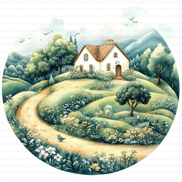 ClipartC8L_t1 Cottage House Home Clipart Bundle Printable Rural Village Landscape Junk Journal