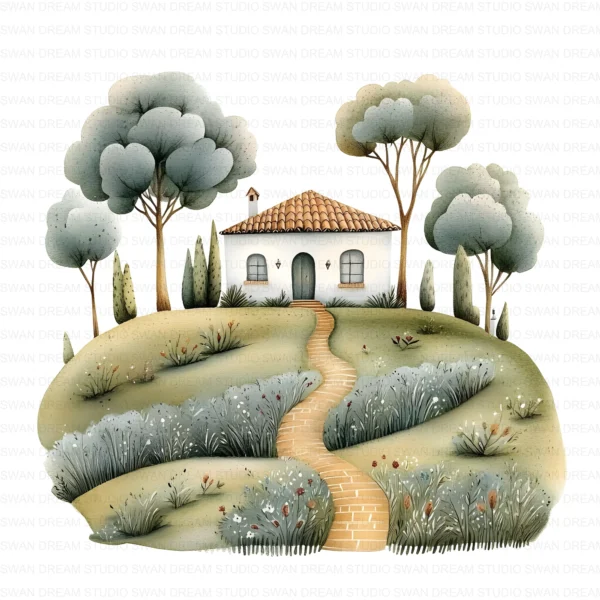 ClipartC8L_t10 Cottage House Home Clipart Bundle Printable Rural Village Landscape Junk Journal