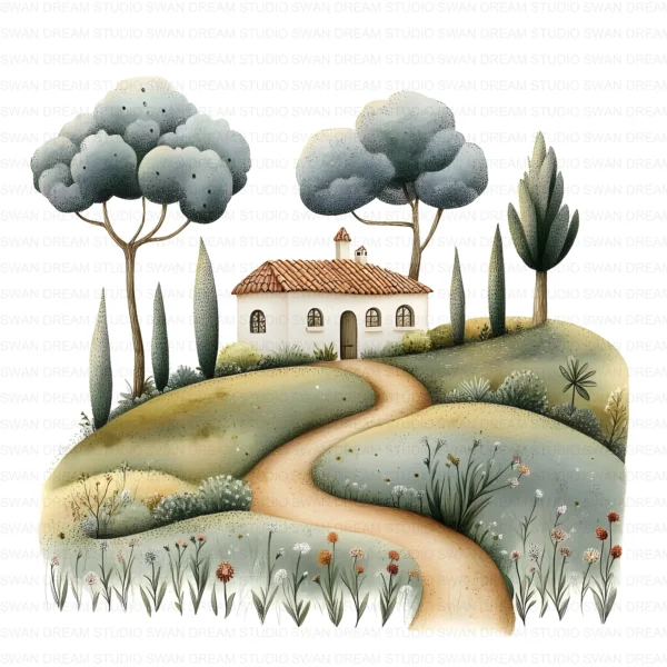 ClipartC8L_t11 Cottage House Home Clipart Bundle Printable Rural Village Landscape Junk Journal