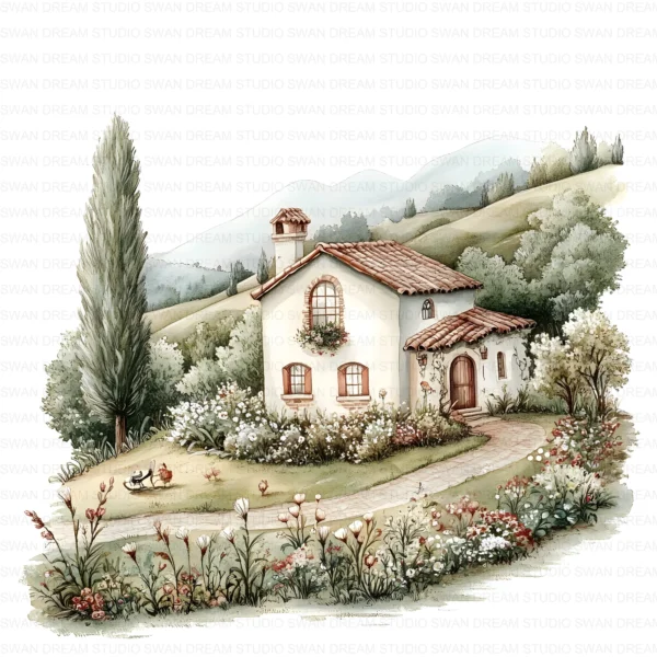 ClipartC8L_t12 Cottage House Home Clipart Bundle Printable Rural Village Landscape Junk Journal