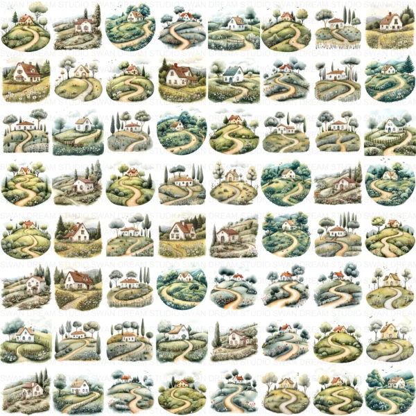 ClipartC8L_t13 Cottage House Home Clipart Bundle Printable Rural Village Landscape Junk Journal