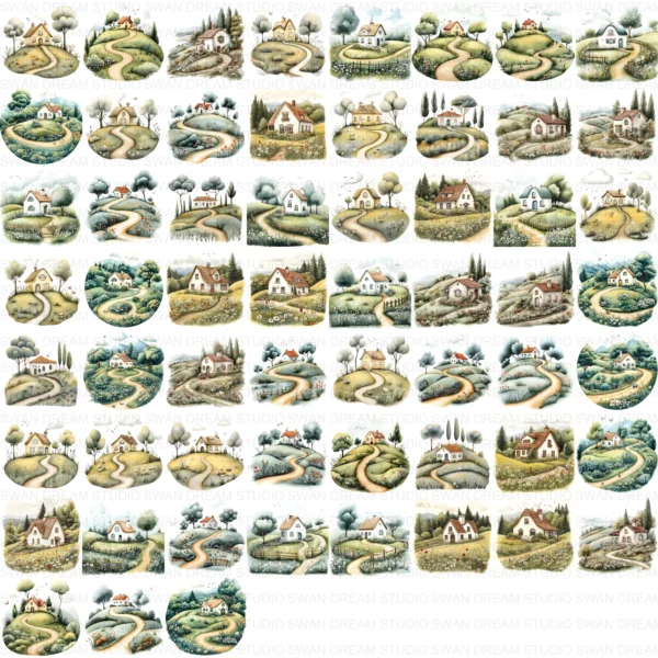 ClipartC8L_t14 Cottage House Home Clipart Bundle Printable Rural Village Landscape Junk Journal