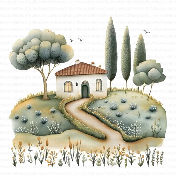 ClipartC8L_t3 Cottage House Home Clipart Bundle Printable Rural Village Landscape Junk Journal