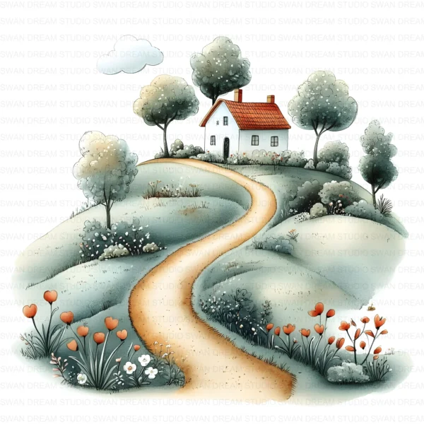 ClipartC8L_t4 Cottage House Home Clipart Bundle Printable Rural Village Landscape Junk Journal