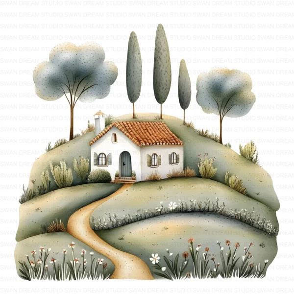 ClipartC8L_t5 Cottage House Home Clipart Bundle Printable Rural Village Landscape Junk Journal