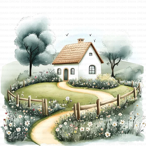 ClipartC8L_t6 Cottage House Home Clipart Bundle Printable Rural Village Landscape Junk Journal