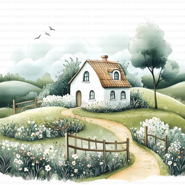 ClipartC8L_t7 Cottage House Home Clipart Bundle Printable Rural Village Landscape Junk Journal