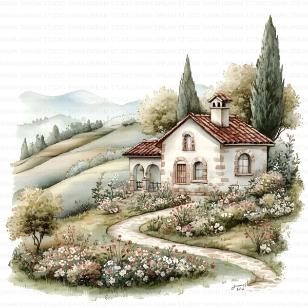 ClipartC8L_t8 Cottage House Home Clipart Bundle Printable Rural Village Landscape Junk Journal