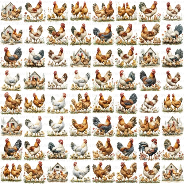 Quirky Chicken Family Clipart Bundle Rooster Chick Phasianidae Bird Printable Farm Beak Paper Craft