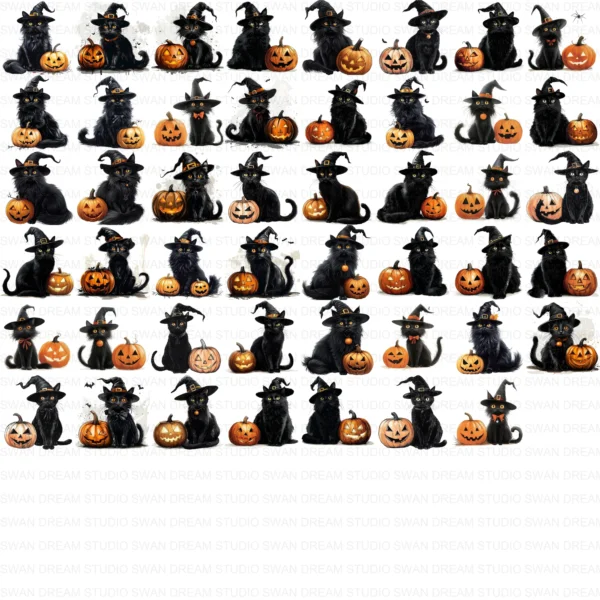 ClipartD16L_t14 Halloween Black Cat Pumpkin Spooky Autumn Clipart Bundle Printable JPG Card Making Paper Craft Junk Journal Scrapbooking Digital Download
