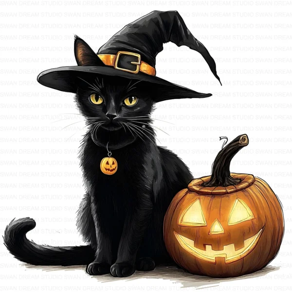 ClipartD16L_t2 Halloween Black Cat Pumpkin Spooky Autumn Clipart Bundle Printable JPG Card Making Paper Craft Junk Journal Scrapbooking Digital Download