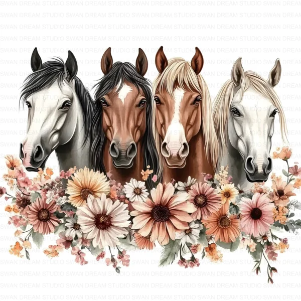 Floral Horses Row Farm Western Animal Clipart Bundle Printable JPG Card Making Paper Craft Junk Journal Scrapbooking Digital Download