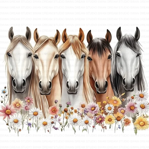 Floral Horses Row Farm Western Animal Clipart Bundle Printable JPG Card Making Paper Craft Junk Journal Scrapbooking Digital Download