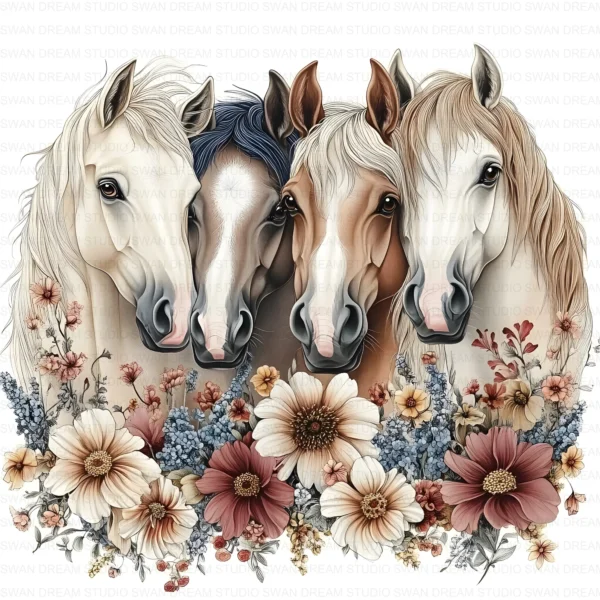 Floral Horses Row Farm Western Animal Clipart Bundle Printable JPG Card Making Paper Craft Junk Journal Scrapbooking Digital Download