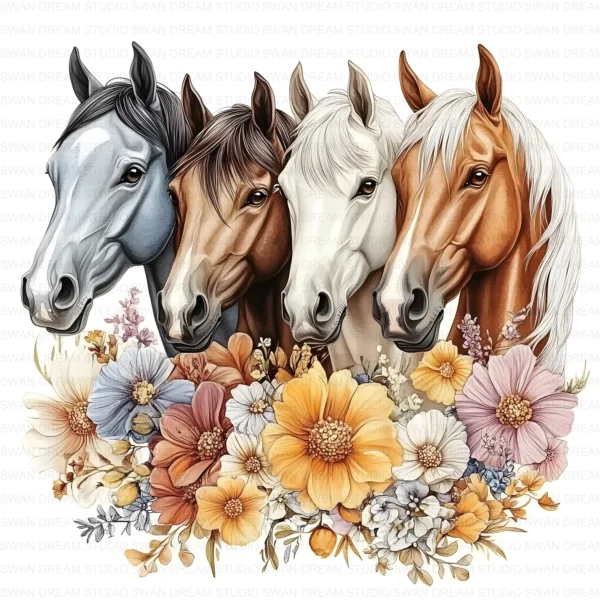 Floral Horses Row Farm Western Animal Clipart Bundle Printable JPG Card Making Paper Craft Junk Journal Scrapbooking Digital Download