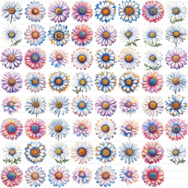 Boho Daisy Flower Whimsical Floral Clipart Bundle Printable JPG Card Making Paper Craft Junk Journal Scrapbooking Digital Download