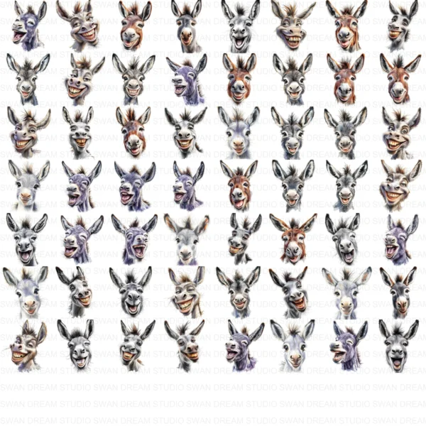 Funny Laughing Donkey Farm Animal Clipart Bundle Printable JPG Card Making Paper Craft Junk Journal Scrapbooking Digital Download