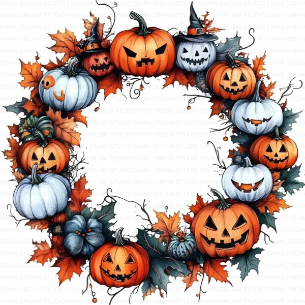 Halloween Spooky Wreath Autumn Decor Clipart Bundle Printable JPG Card Making Paper Craft Junk Journal Scrapbooking Digital Download