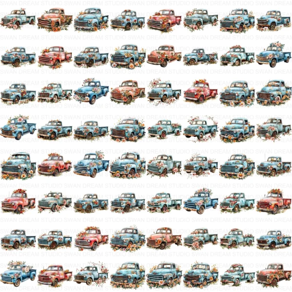 Floral Old Truck Vintage Farm Rustic Clipart Bundle Printable JPG Card Making Paper Craft Junk Journal Scrapbooking Digital Download