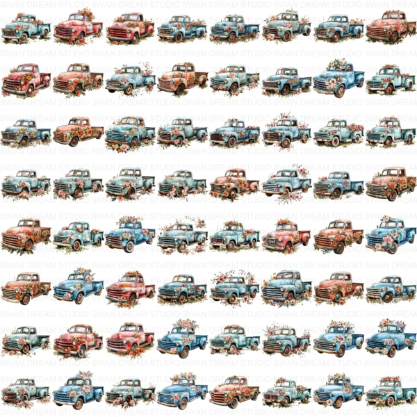 Floral Old Truck Vintage Farm Rustic Clipart Bundle Printable JPG Card Making Paper Craft Junk Journal Scrapbooking Digital Download