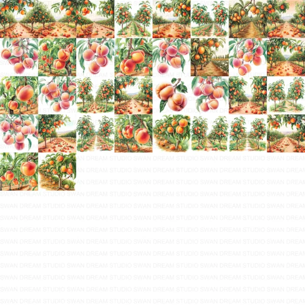 Peach Orchard Fruit Farm Landscape Clipart Bundle Printable JPG Card Making Paper Craft Junk Journal Scrapbooking Digital Download