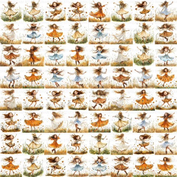 Quirky Girl Dancing Cute Character Clipart Bundle Printable JPG Card Making Paper Craft Junk Journal Scrapbooking Digital Download