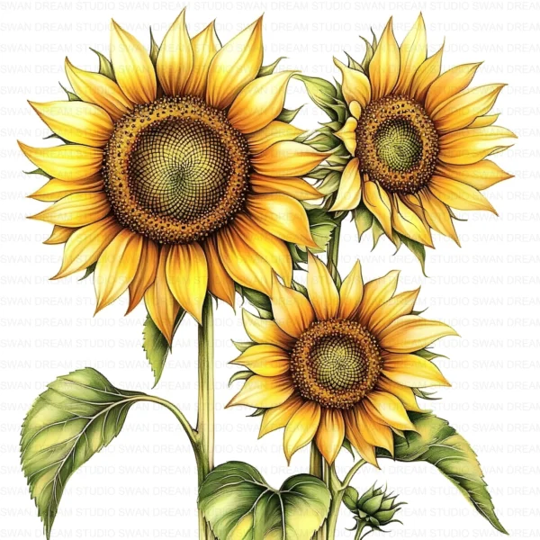 Whimsical Sunflower Bright Floral Clipart Bundle Printable JPG Card Making Paper Craft Junk Journal Scrapbooking Digital Download