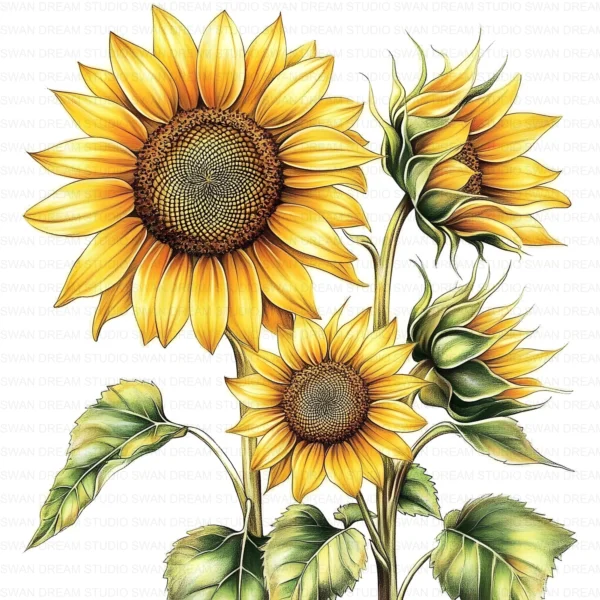 Whimsical Sunflower Bright Floral Clipart Bundle Printable JPG Card Making Paper Craft Junk Journal Scrapbooking Digital Download