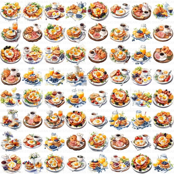 Breakfast Brunch Food Coffee Pastry Clipart Bundle Printable JPG Card Making Paper Craft Junk Journal Scrapbooking Digital Download