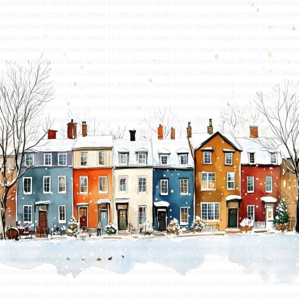 Winter Townhouses Snowy City Homes Clipart Bundle Printable JPG Card Making Paper Craft Junk Journal Scrapbooking Digital Download