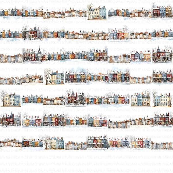 Winter Townhouses Snowy City Homes Clipart Bundle Printable JPG Card Making Paper Craft Junk Journal Scrapbooking Digital Download