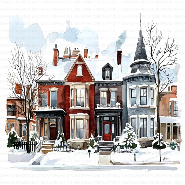 Winter Townhouses Snowy City Homes Clipart Bundle Printable JPG Card Making Paper Craft Junk Journal Scrapbooking Digital Download