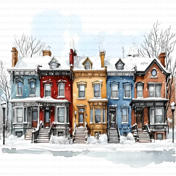 Winter Townhouses Snowy City Homes Clipart Bundle Printable JPG Card Making Paper Craft Junk Journal Scrapbooking Digital Download