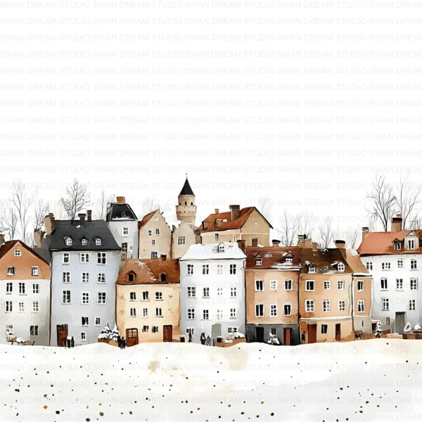 Winter Townhouses Snowy City Homes Clipart Bundle Printable JPG Card Making Paper Craft Junk Journal Scrapbooking Digital Download