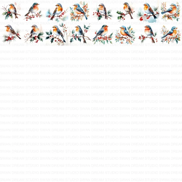 Christmas Robin Bird Holiday Winter Clipart Bundle Printable JPG Card Making Paper Craft Junk Journal Scrapbooking Digital Download