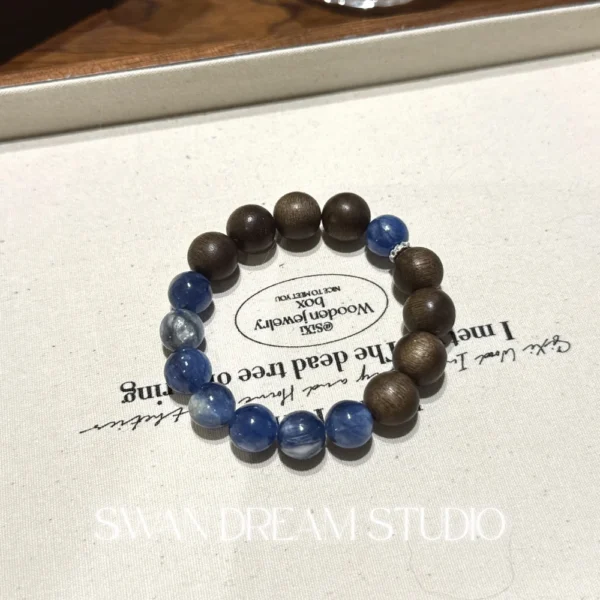 Kyanite Agarwood Bracelet | Deep Blue Crystal Wood | Clarity Communication & Grounding Calm