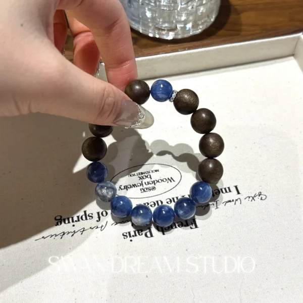 Kyanite Agarwood Bracelet | Deep Blue Crystal Wood | Clarity Communication & Grounding Calm