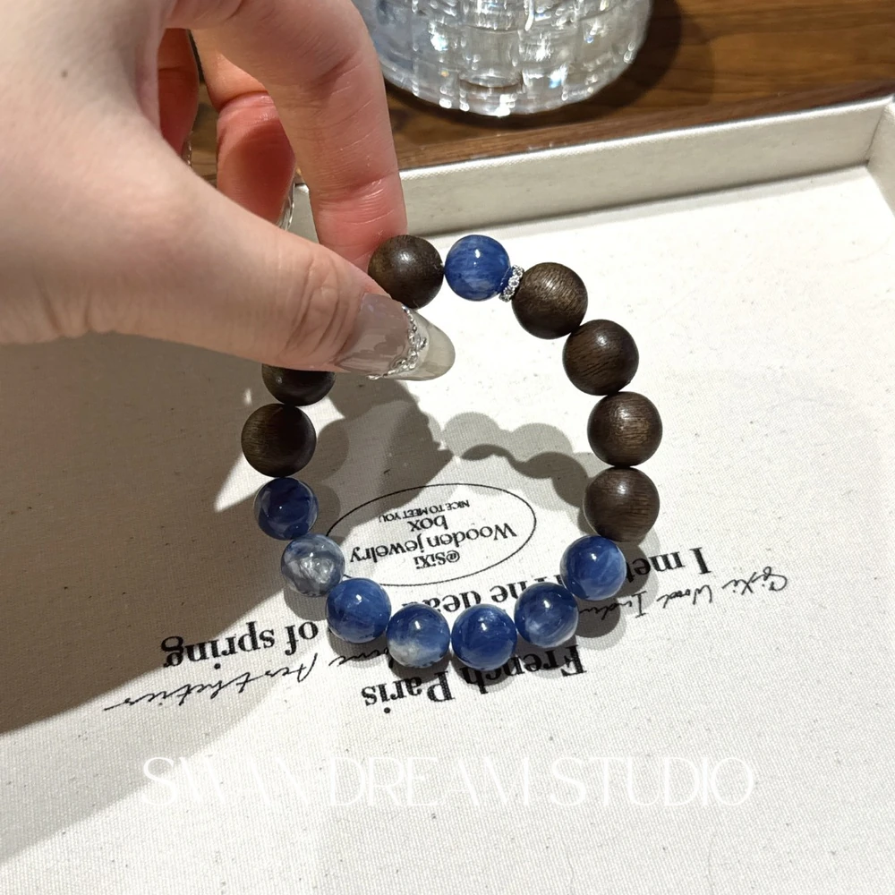 Kyanite Agarwood Bracelet | Deep Blue Crystal Wood | Clarity Communication & Grounding Calm